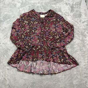 Maeve Anthropologie Floral Print High Low Tunic‎ Top Blouse Long Sleeve Size 6